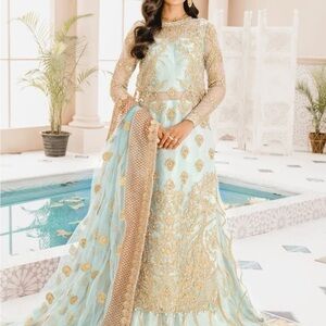 Pakistani Elegant Gold and Ferozy Blue Women's Dress Lehengha